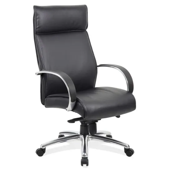 Executive high back office chair with polished chrome frame, premium black upholstery, and ergonomic design.
