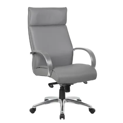 Executive high back office chair with polished chrome frame, premium black upholstery, and ergonomic design.