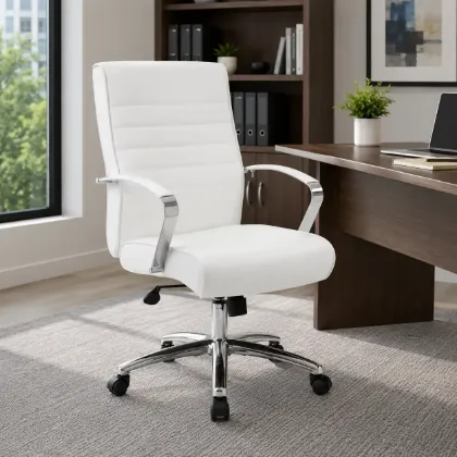 Mid back executive office chair with chrome frame, CaressoftPlus upholstery, padded chrome armrests, built-in lumbar support, and chrome five-star base.