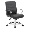 	Mid back executive office chair with chrome frame, CaressoftPlus upholstery, padded chrome armrests, built-in lumbar support, and chrome five-star base.