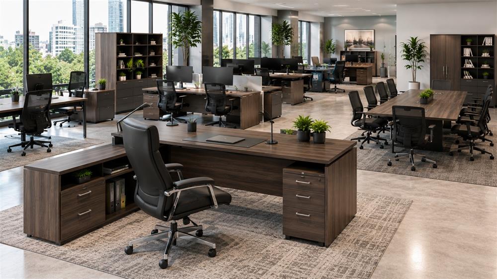 Modern commercial office featuring Boss-style executive desks, ergonomic office chairs, conference tables, filing cabinets, storage cabinets, and professional office furniture
