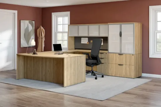Commercial office furniture in a professional business environment compared with a residential-style home office setup.