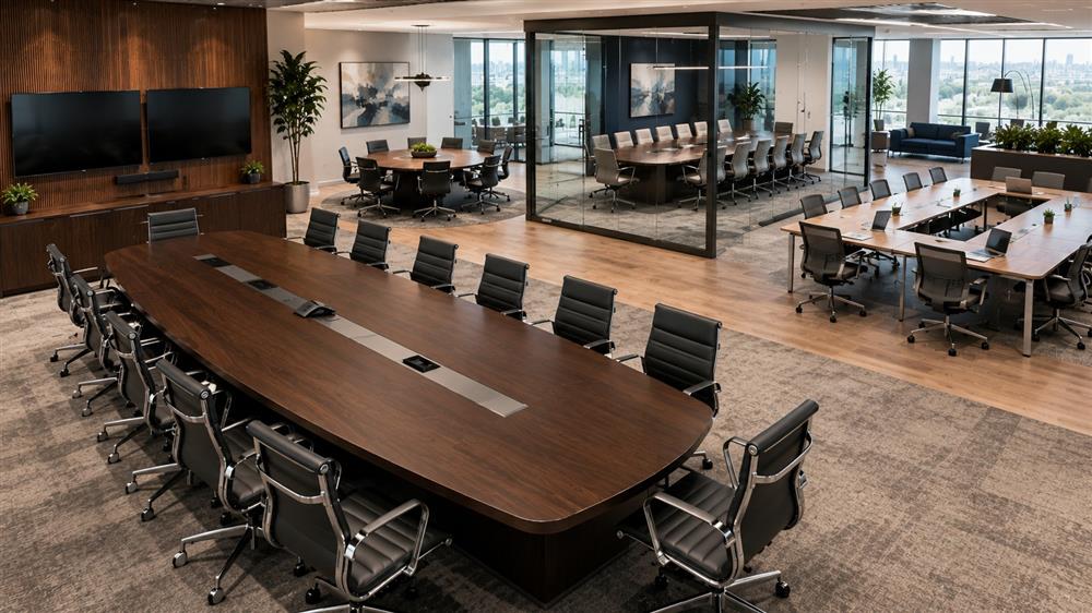 Modern executive conference room featuring a premium boat-shaped conference table, ergonomic chairs, integrated power, and collaborative meeting furniture