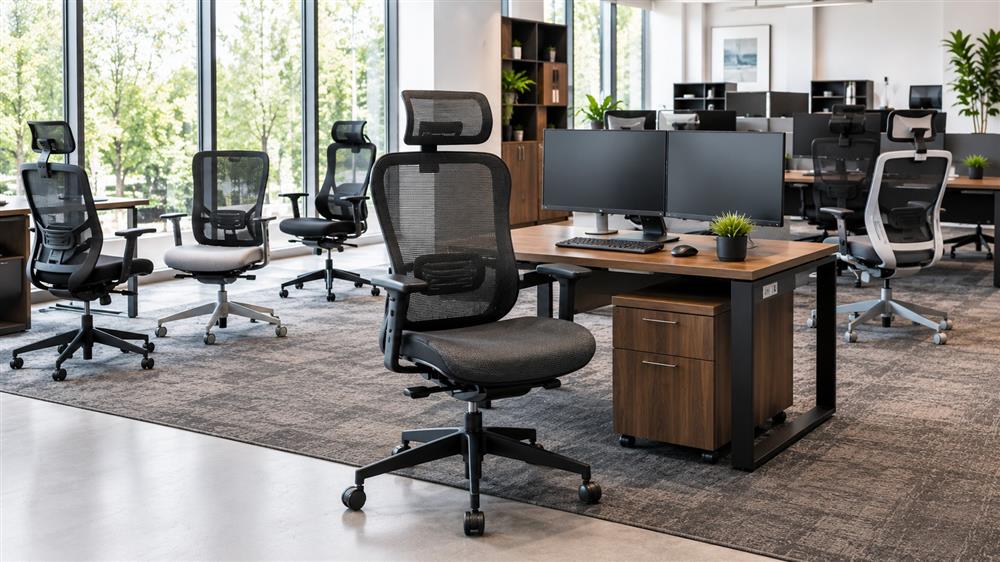 Commercial ergonomic mesh office chairs with adjustable lumbar support and breathable mesh backs in a modern office showroom