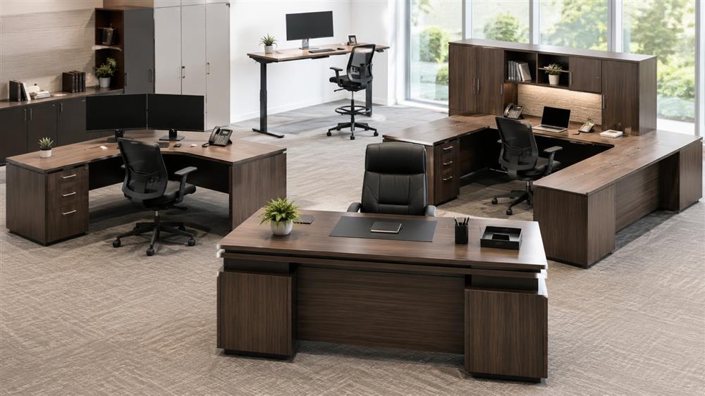 Modern commercial office featuring executive desks, L-shaped desks, U-shaped desks, and height-adjustable standing desks in a professional workspace.