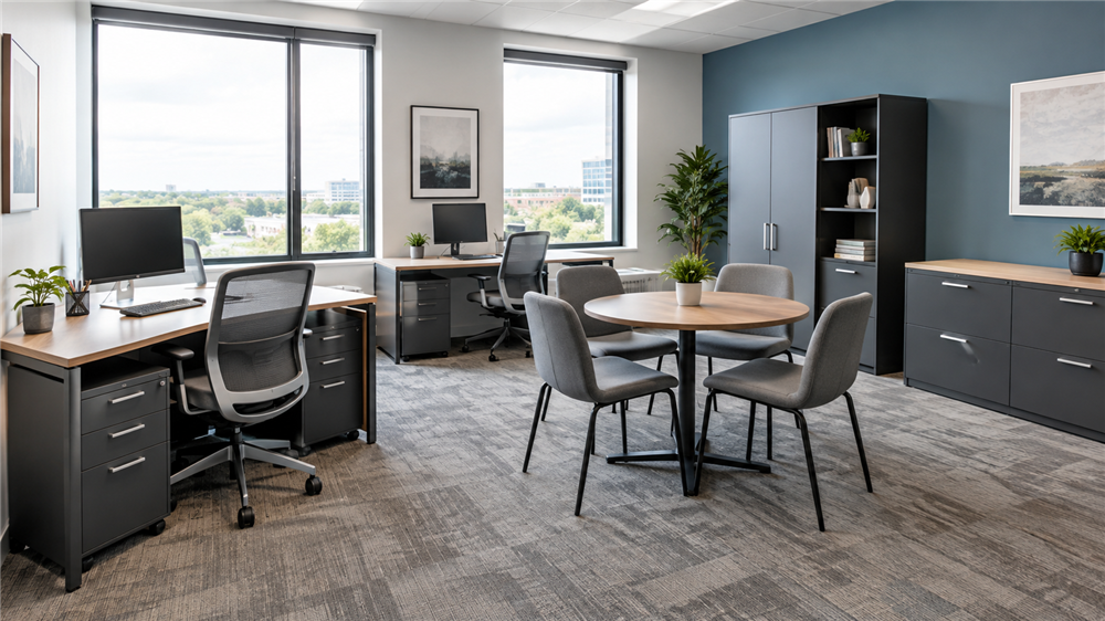 Startup office with desks, ergonomic chairs, storage and conference table