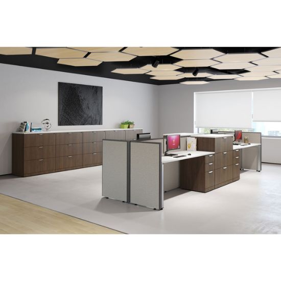 Commercial office floor plan with executive desks, workstations, conference furniture, and storage demonstrating professional office space planning.
