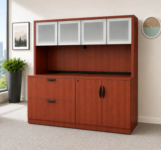 Commercial office storage cabinets, lateral file cabinets, bookcases, and credenzas in a modern executive office.