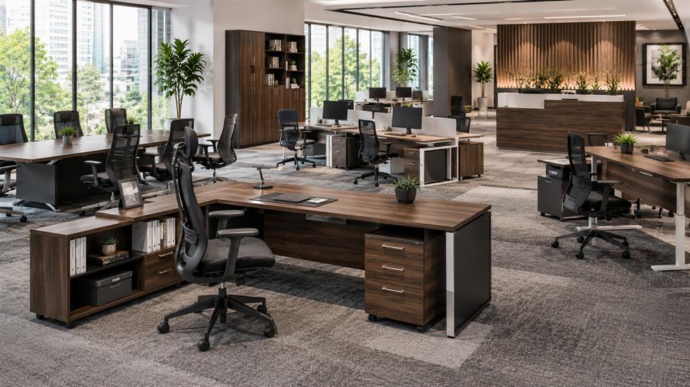 Modern OfficeSource-style commercial office furniture including executive desks, workstations, office chairs, conference tables, reception furniture, and storage solutions in a contemporary showroom