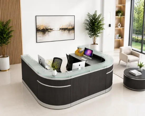 Modern commercial reception area featuring a contemporary reception desk, guest seating, lounge furniture, and professional office design.