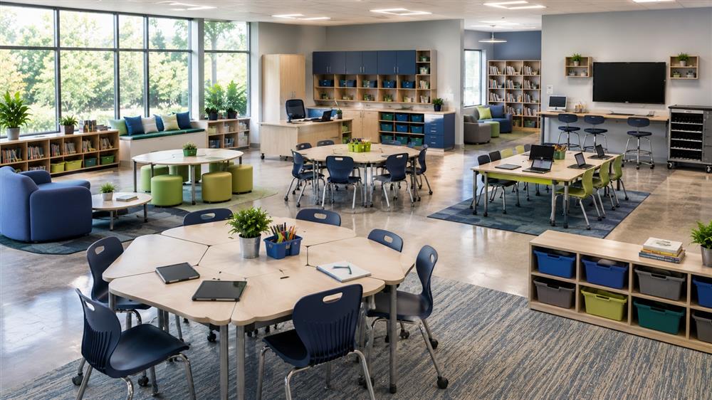 Modern classroom with collaborative student desks, ergonomic classroom chairs, activity tables, teacher workstation, and educational furniture