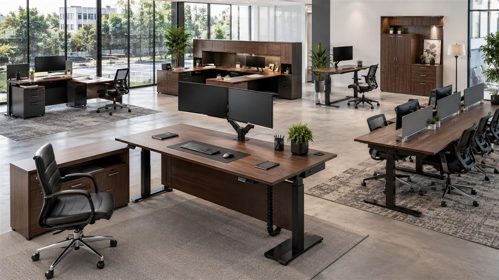 Commercial height-adjustable sit-stand desks including executive, L-shaped, U-shaped, and electric standing desks in a modern office showroom