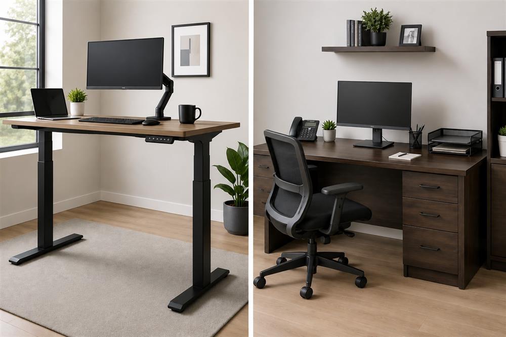 height adjustable standing desk next to traditional office desk in modern workspace