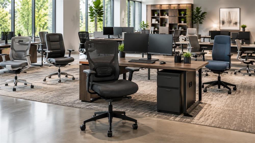 Commercial task office chairs including ergonomic mesh task chairs, adjustable office chairs, and rolling office seating in a modern workspace
