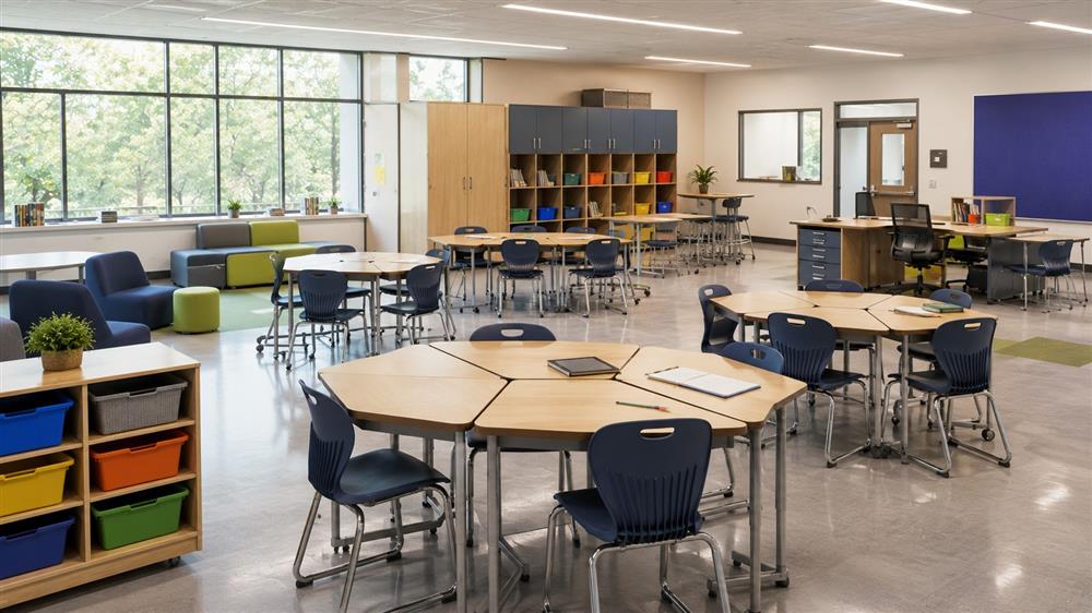 Virco school and classroom furniture including student desks, classroom chairs, activity tables, teacher desks, and educational furniture